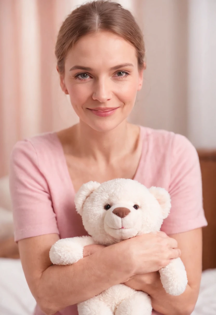 19 Jahre alte Frau, sweet, happy, Hintergrund pinkes Schafzimmer, holds a cuddly toy