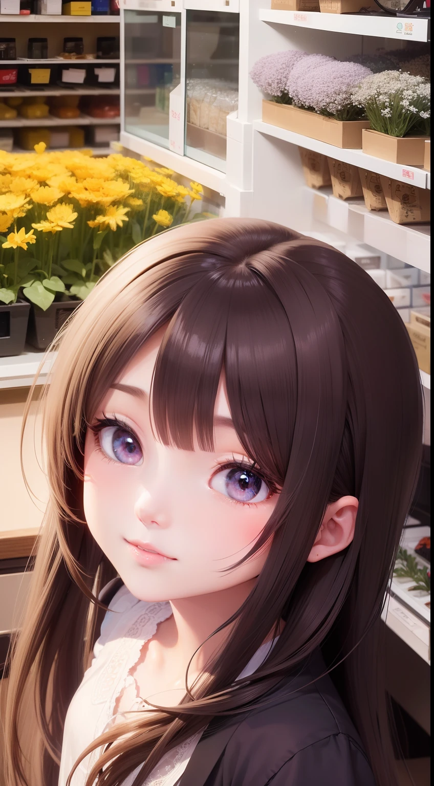 girl work on flower shop, beautiful shining eyes like crystal clear glass