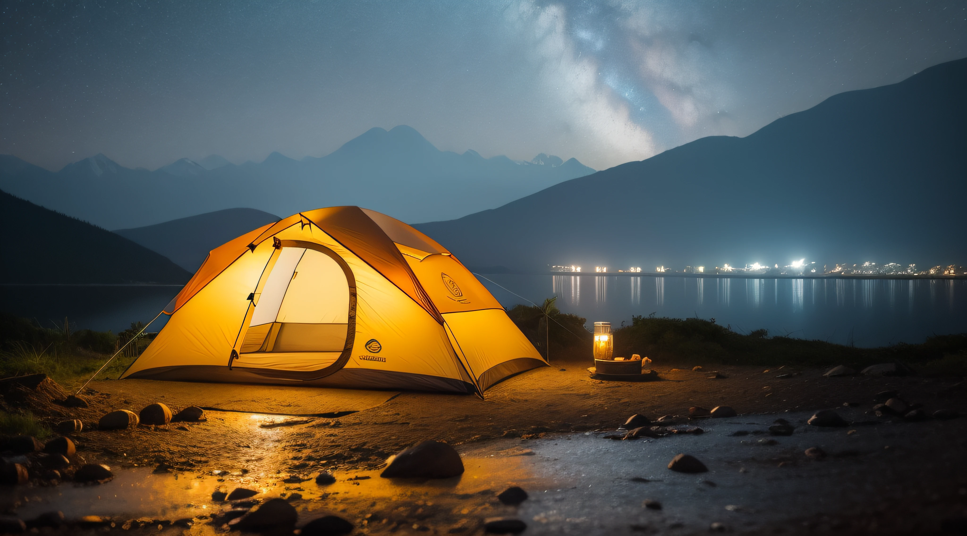 Camping tent at night, florest, Overcast sky of rain without stars, wet floor, muita neblina