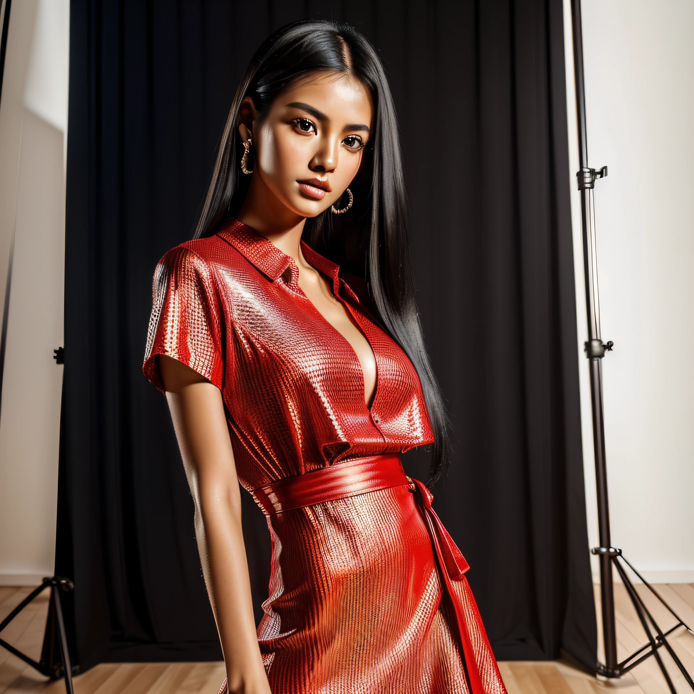 Masterpiece, (((full body shot view))), ((1 girl solo)), (one beautiful (Indonesian:0.8)-(Spanish:0.2) girl (looking at camera:1.5)), (((Risyana Devita))), 20 years old, breathtaking beauty, natural beauty, perfect and delicate face, detailed facial features, beautiful brown eyes, detailed eyes, soft lips, (long dark-black hair:1.5), (tall figure:1.5), (athletic body), (small breasts), cleavage breasts, pearl skin, (skin pores:0.7), extremely detailed face and skin texture, (skin texture:1.1), beautiful long legs, standing model pose, in a photo studio with a bright flat background, (wearing a ((true-red) sexy Shirt Dress), extremely detailed and realistic clothes, sharp focus, 8k uhd, best quality, ultra-detailed, realistic, colorful tones, natural lighting, clean lines, vibrant colors, modern art style, high-res, professional-grade, textured finish, contrasting elements, dynamic composition, lifelike texture, precise details, expert craftsmanship, layered colors, stunning visuals, exquisite artwork, (depth of field),