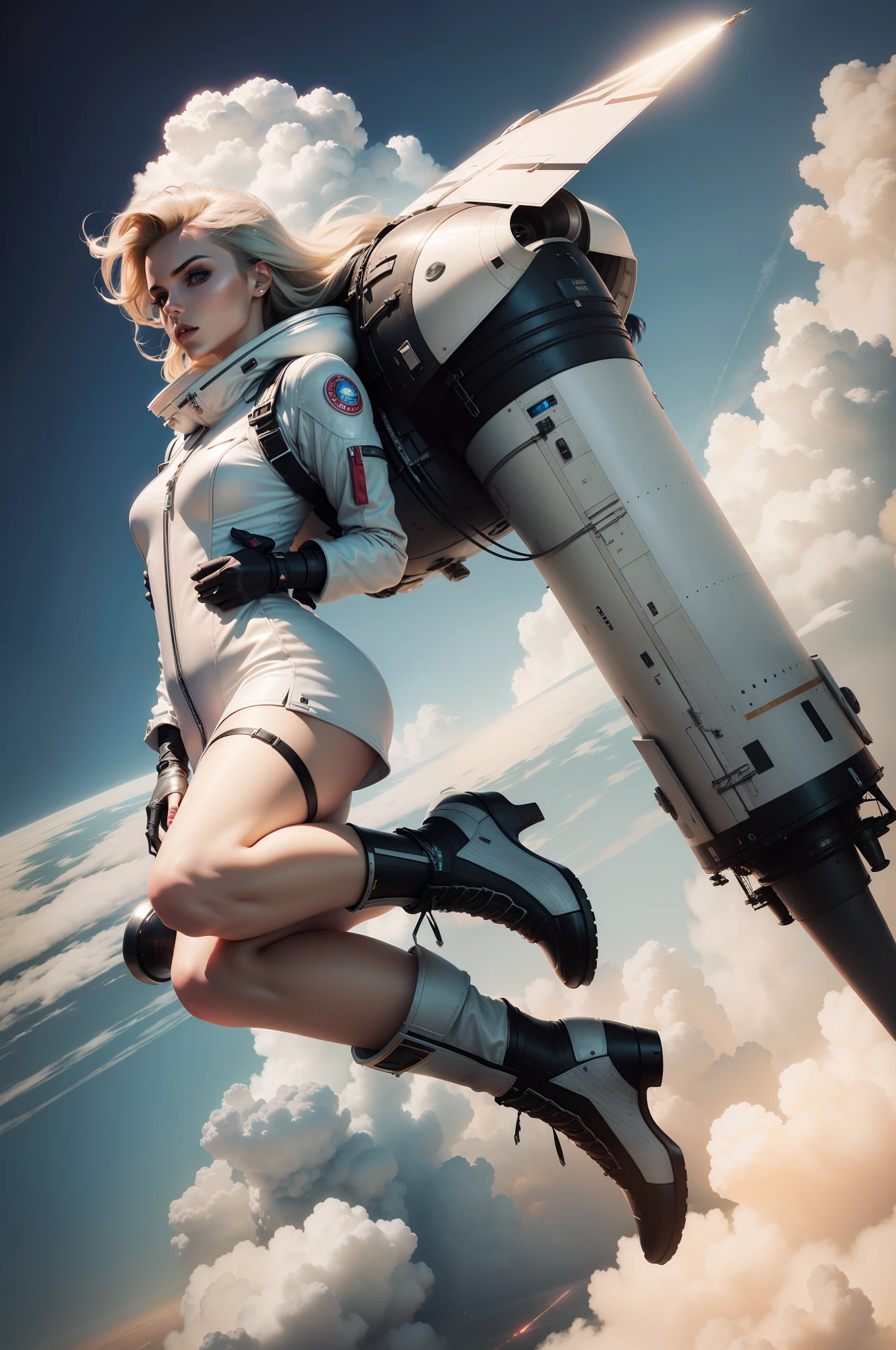 sci fi rocket female fashion model flying in the clouds