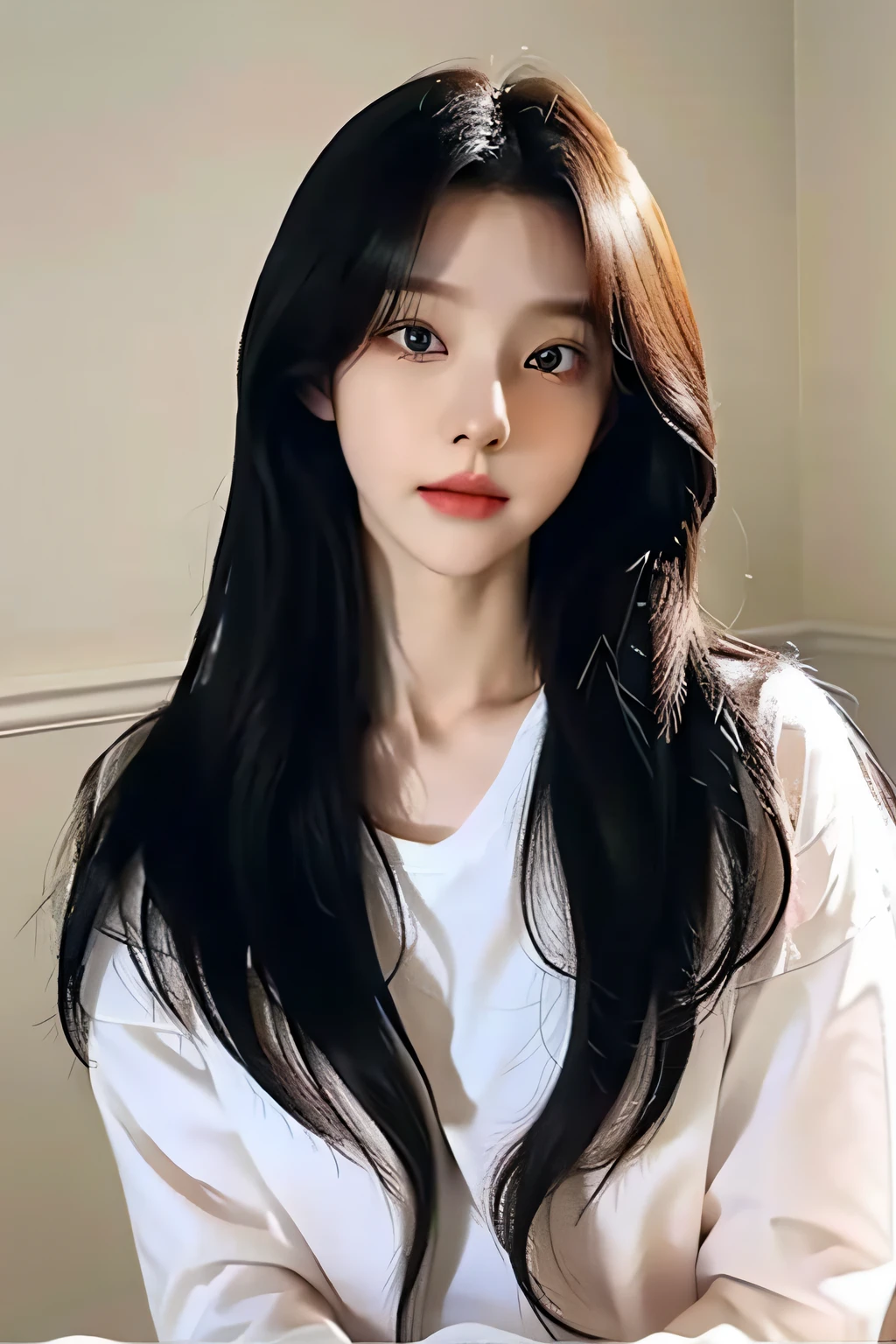 there is a woman with long hair and a white shirt, girl cute-fine face, cute delicate face, young lovely Korean faces, clear cute face, Cute - fine - face, ulzzangs, Shin Jinying, beautiful delicate face, small heart - shaped face, Korean face features, beautiful aesthetic face, soft eyes and narrow chin, cute-fine-face