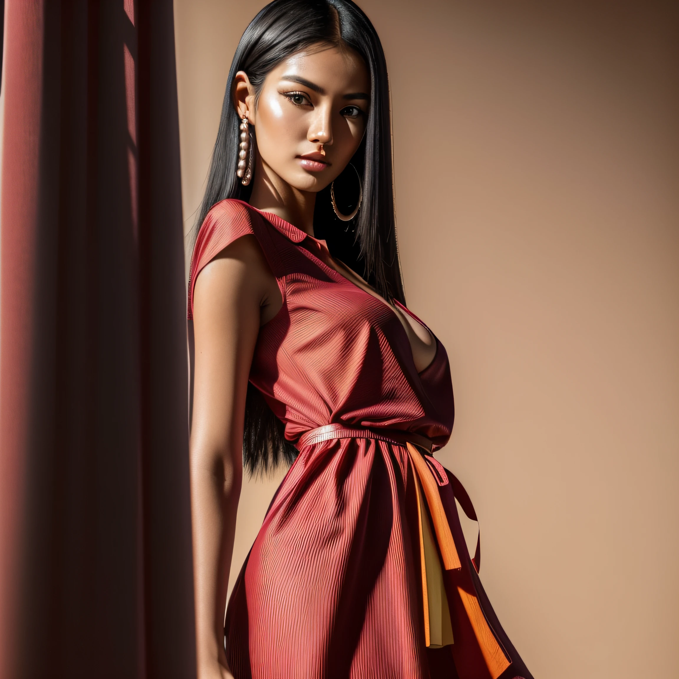 Masterpiece, (((full body shot view))), ((1 girl solo)), (one beautiful (Indonesian:0.8)-(Spanish:0.2) girl (looking at camera:1.5)), (((Risyana Devita))), 20 years old, breathtaking beauty, natural beauty, perfect and delicate face, detailed facial features, beautiful brown eyes, detailed eyes, soft lips, (long dark-black hair:1.5), (tall figure:1.5), (athletic body), (small breasts), cleavage breasts, pearl skin, (skin pores:0.7), extremely detailed face and skin texture, (skin texture:1.1), beautiful long legs, standing model pose, in a photo studio with a bright flat background, (wearing a ((true-red) sexy cotton Shirt Dress), extremely detailed and realistic clothes, sharp focus, 8k uhd, best quality, ultra-detailed, realistic, colorful tones, natural lighting, clean lines, vibrant colors, modern art style, high-res, professional-grade, textured finish, contrasting elements, dynamic composition, lifelike texture, precise details, expert craftsmanship, layered colors, stunning visuals, exquisite artwork, (depth of field),