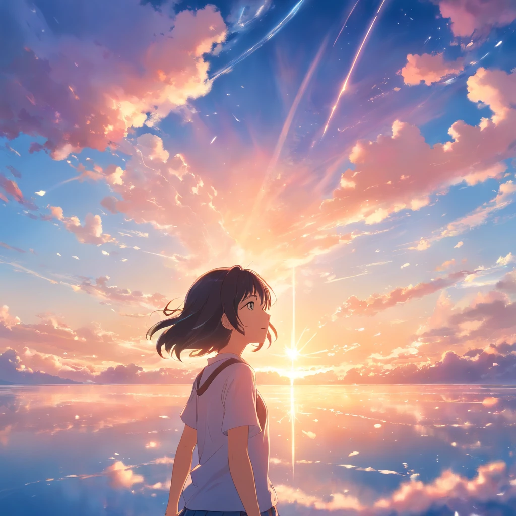 masterpiece, best quality, movie still, 1girl, cloud girl, floating in the sky, close-up, bright, happy, warm soft lighting, sunset, (sparks:0.7)