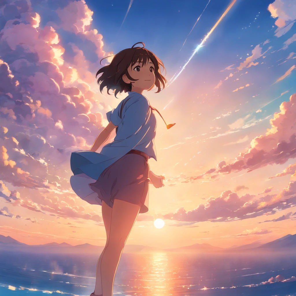 masterpiece, best quality, movie still, 1girl, cloud girl, floating in the sky, close-up, bright, happy, warm soft lighting, sunset, (sparks:0.7)