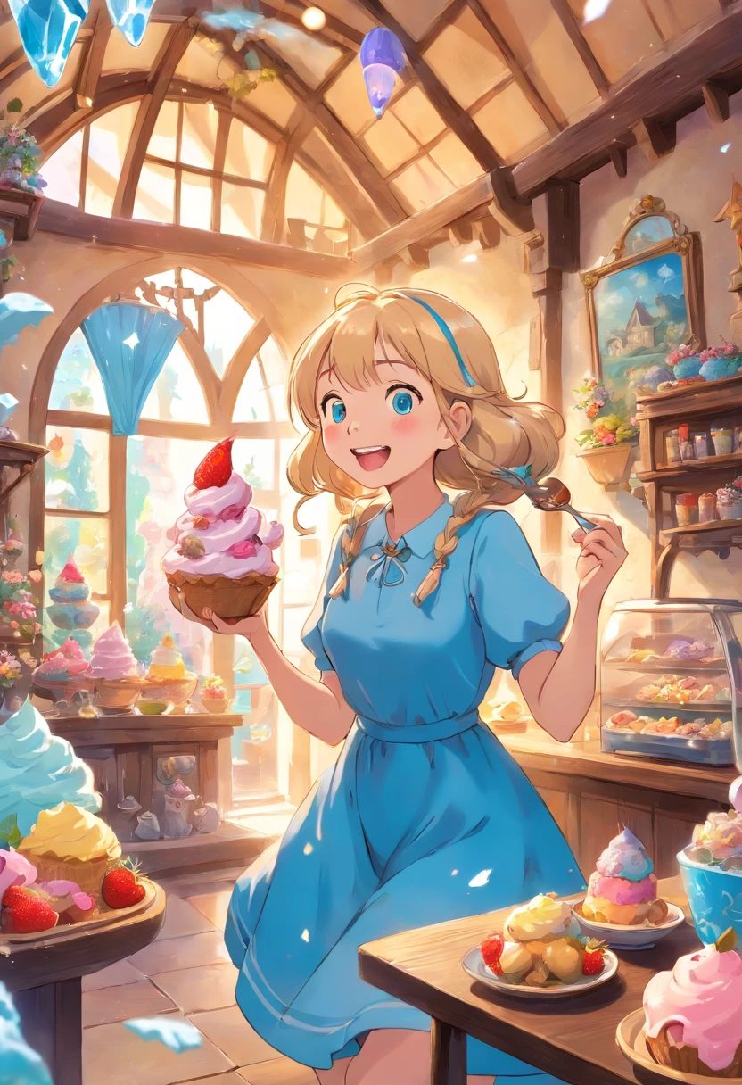 Illustration of a woman eating a house made of ice cream in a magical world. hyper sharp image, ultra detailed, 

The setting of the illustration is a magical world. It is a beautiful world where magical cloud-shaped clouds float in the sky and colorful flowers and plants bloom.
The main character of the illustration is a young woman. She has her long blonde hair flowing and is wearing a blue dress.
A woman is eating a house made of ice cream. The houses are made of different flavors such as chocolate, vanilla, and strawberry.
The woman is smiling happily while eating home. She is having a dream-like time in a magical world.
The background includes elements that create a fantastical atmosphere typical of a magical world.
Magical creatures such as animals and fairies appear around the woman to create an even more fun atmosphere.