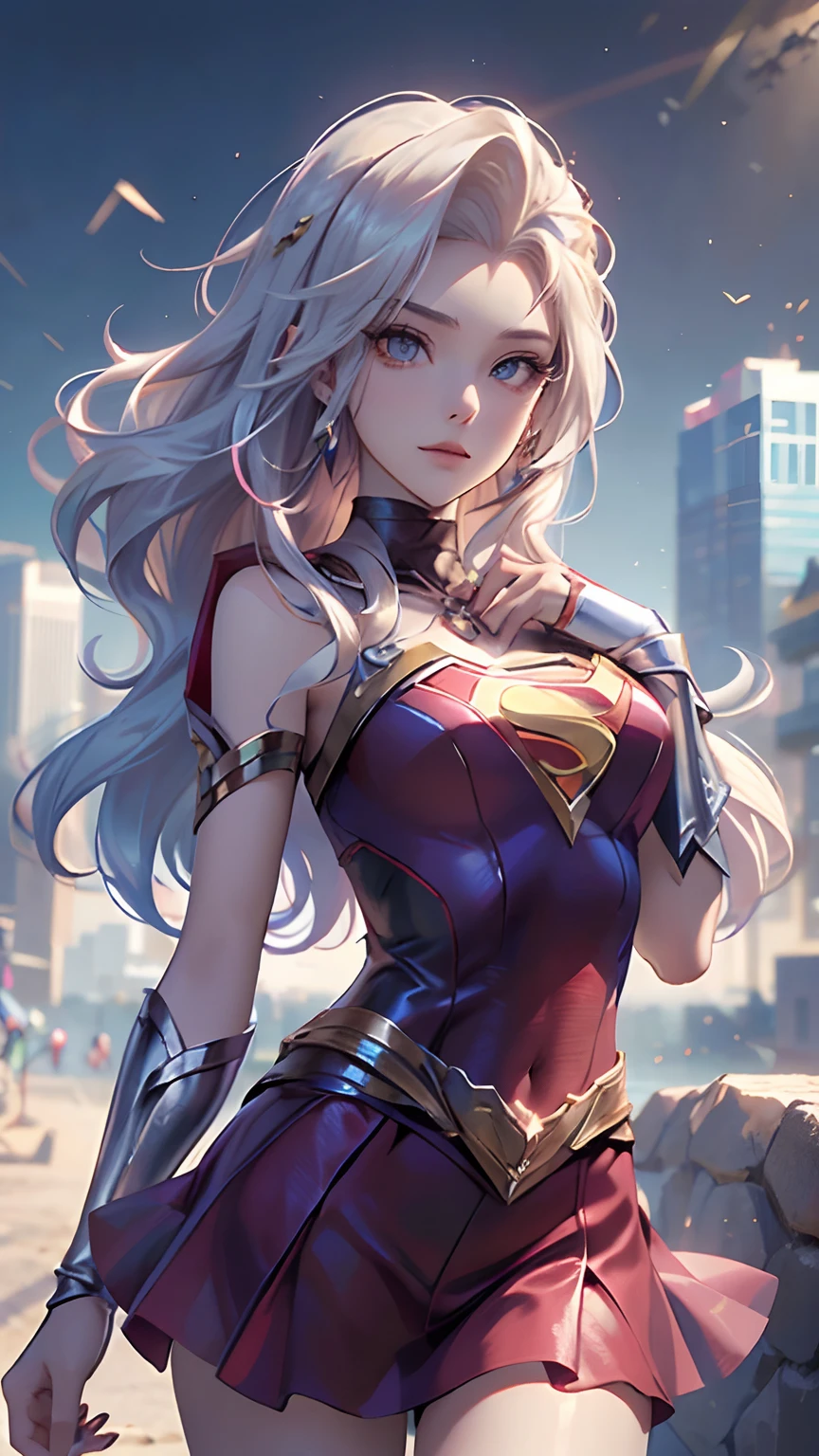 ((best quality, master part, disparate)),1 cinta:1.9, sexy, ( 18 anos, expressivos olhos azuis, cabelos loiros na altura dos ombros, cabelos longos,Cabelos soltos e macios),Cosplay vestido de Supergirl (Super Girl Suite RPG personalizado), vestido vermelho curto,Eechi, Terrace in 1 building, cabelos loiros longos.
