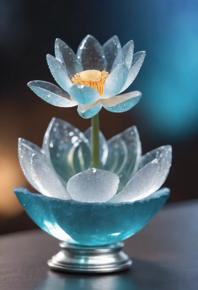 Hyper-realistic、16K High Resolution、(Maximum Sharp Focus:1.3)、(Maximum Close-up:1.5)、(Single crystal with pedestal on table:1.5)、(Large bokeh background、blue back light:1.3) 、(Lotus flower、icy、aqua:1.5)