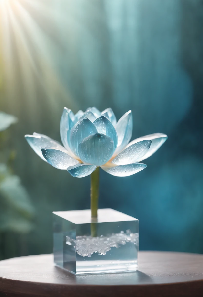 Hyper-realistic、16K High Resolution、(Maximum Sharp Focus:1.3)、(Maximum Close-up:1.5)、(Single crystal with pedestal on table:1.5)、(Large bokeh background、blue back light:1.3) 、(Lotus flower、icy、aqua:1.5)