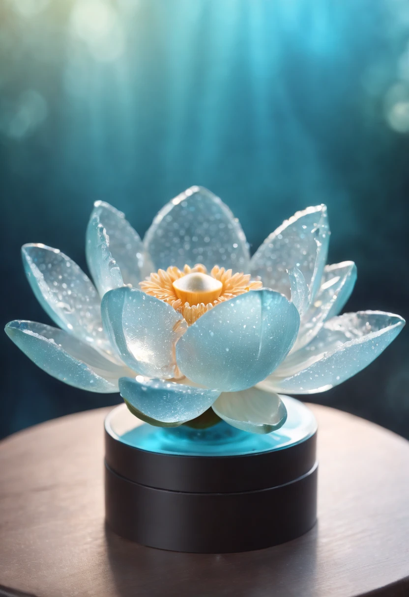 Hyper-realistic、16K High Resolution、(Maximum Sharp Focus:1.3)、(Maximum Close-up:1.5)、(Single crystal  with pedestal on table:1.5)、(Large bokeh background、blue back light:1.3) 、(Lotus flower、icy、aqua:1.5)