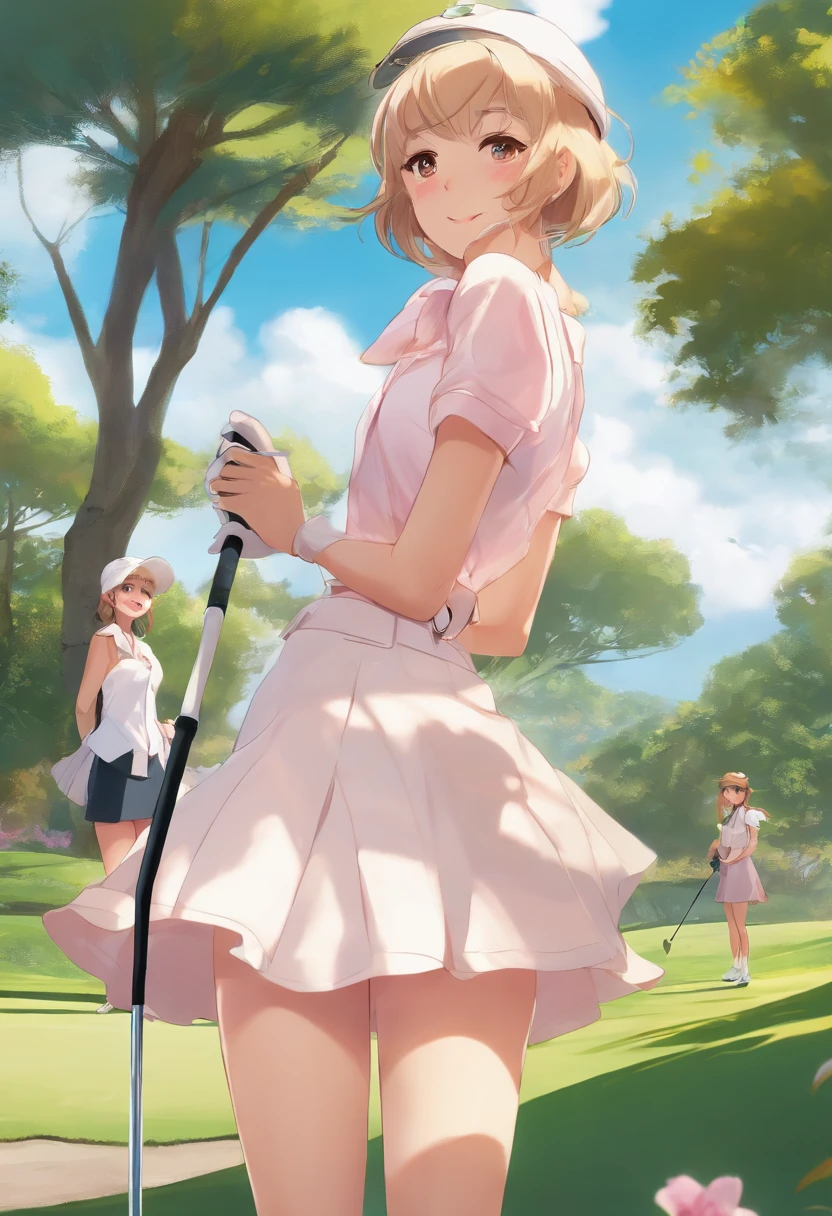 Anime Golf Girls、a miniskirt、2guys、a smile、leggy、low angles、golf course、