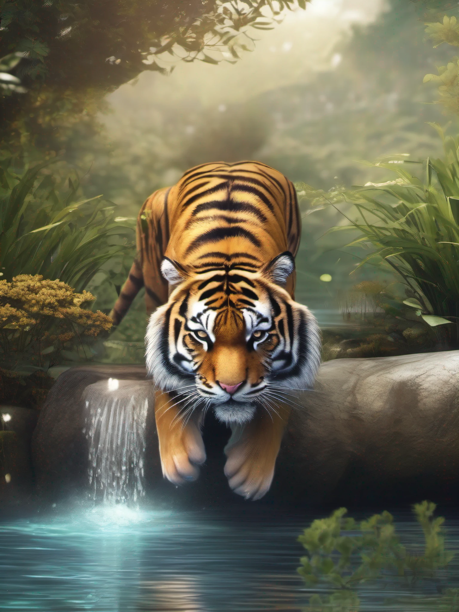 Create a picture of a TIGER in all its glory drinking water from pond, in FANTASY INSPIRED ART style. Photorealistic Ultra HD 32k, --AR 16:9, --v 5.2, -- s 55, seed 777