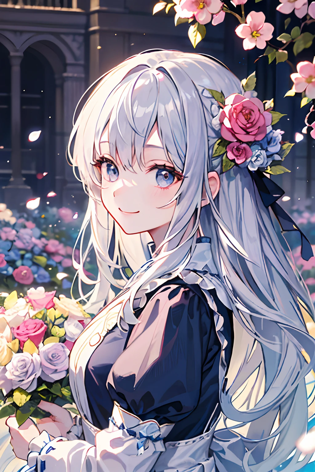 (A masterpice、Best quality at best、illutst、Extremely high quality、high picture quality、Extremely sensitive writing)Girl with long silver hair standing in beautiful flowery garden、smile on face、She has a large bouquet、Cute traditional costume style dress with frills、Hair fluttering in the wind
