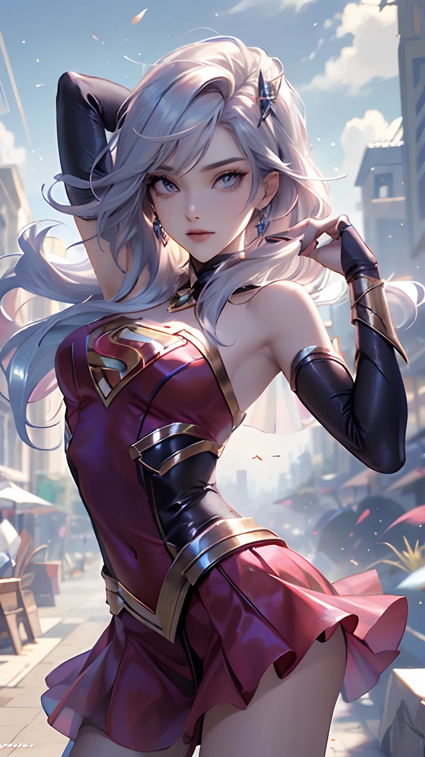 ((best quality, master part, disparate)),1 cinta:1.9, sexy, ( 18 anos, expressivos olhos azuis, cabelos loiros na altura dos ombros, cabelos longos,Cabelos soltos e macios),Cosplay vestido de Supergirl (Super Girl Suite RPG personalizado), vestido vermelho curto,Eechi, Terrace in 1 building, cabelos loiros longos.