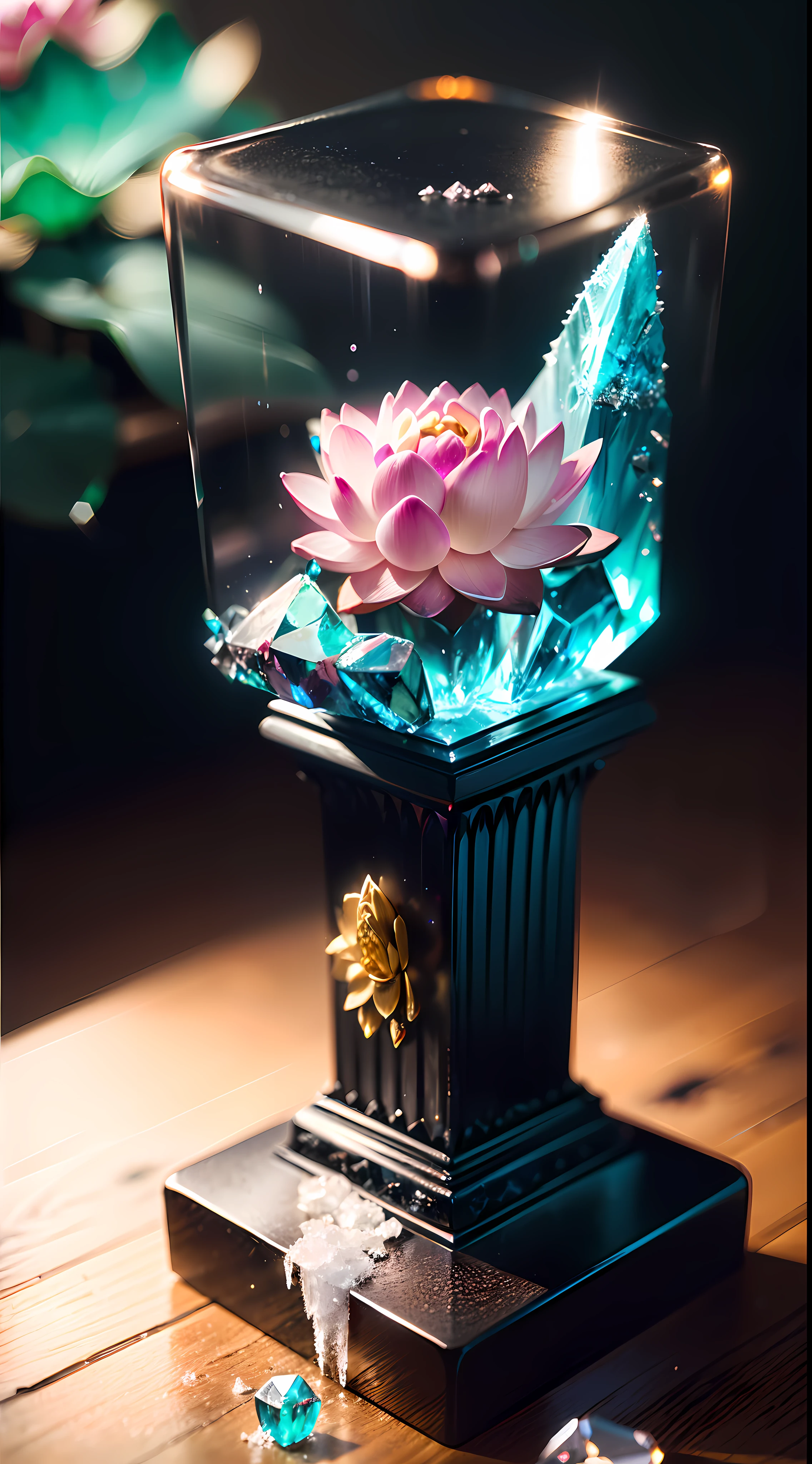 Hyper-realistic、16K High Resolution、(Maximum Sharp Focus:1.3)、(Maximum Close-up:1.5)、(Single crystal with pedestal on table:1.5)、(Large bokeh background、blue back light:1.3) 、(Lotus flower、icy、aqua:1.5)