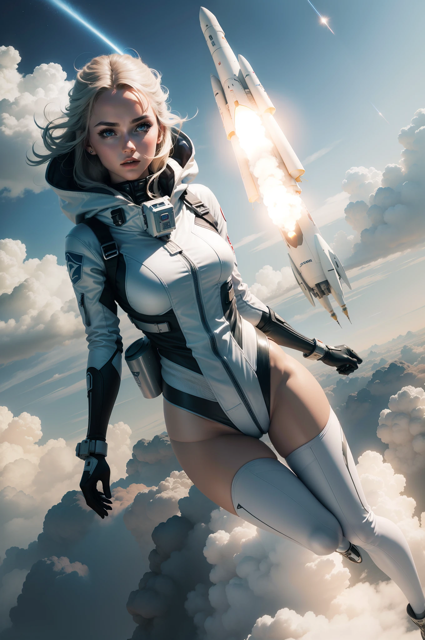 23 years old American woman, ((full body)), ((nude)), ((heavily armored space commander)), beautiful chest, standing with her legs spread apart in the space ship in deep space far from the galaxy, no planet and no moon around there, fighting the huge alien space ship, milky way outside of the ship, zoom in from below