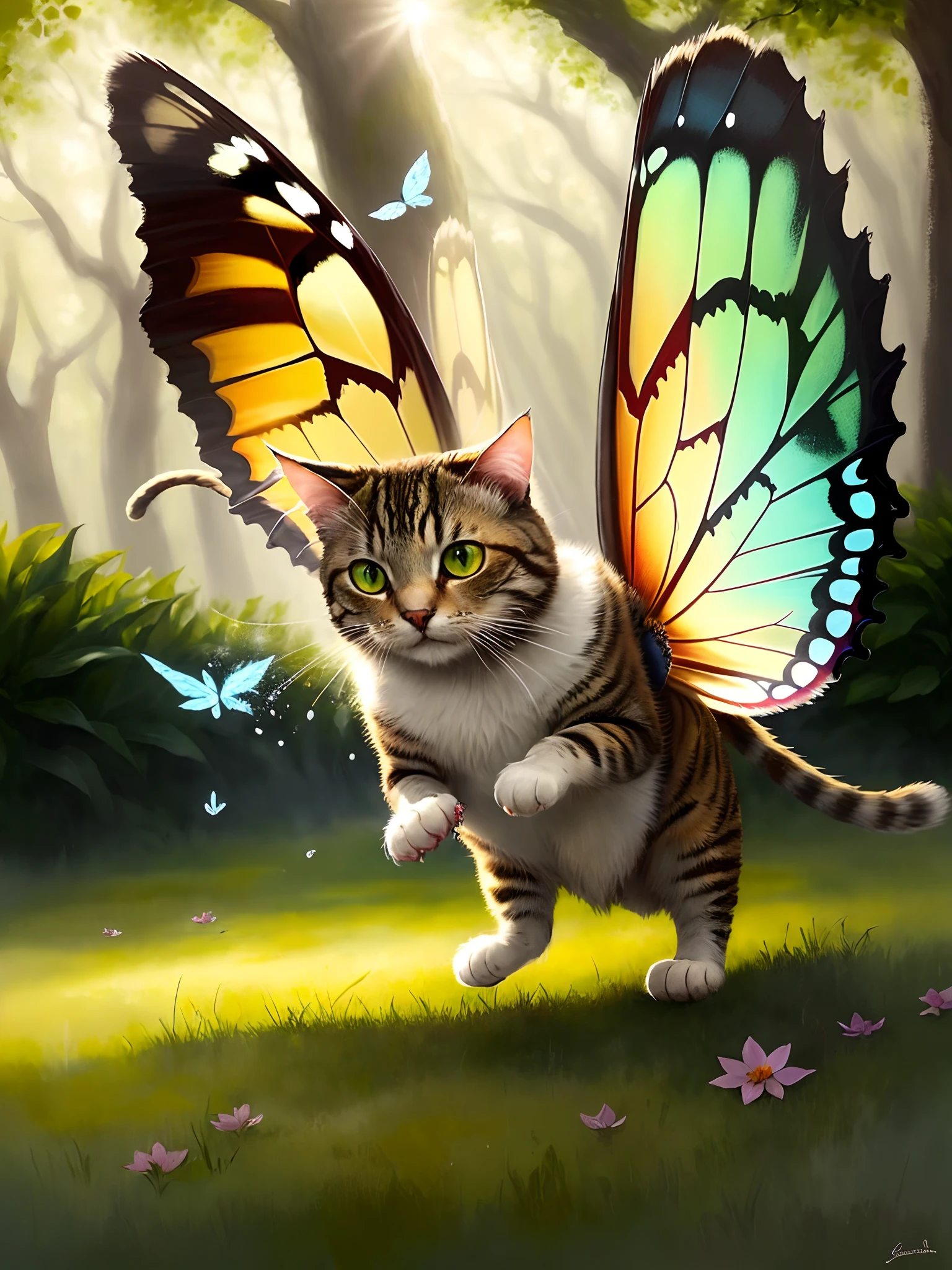 (best quality,ultra-detailed,realistic),cat,capturing a butterfly,majestic,focused,garden setting,playful,graceful,soft fur,sharp claws,pouncing motion,carefully poised,green grass,sunlight streaming through trees,delicate butterfly wings,colorful,fragile,in flight,moment frozen in time,beautiful contrast,fluid motion,captured essence of nature,photorealistic painting,striking composition,vivid colors,sunlit shadows