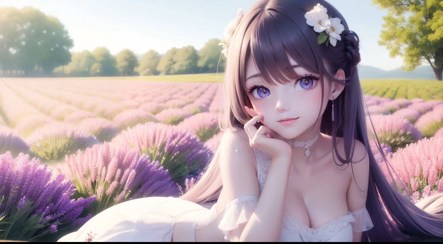 Young girl , beautiful shining eyes like crystal clear glass,lavender field,blue sky,