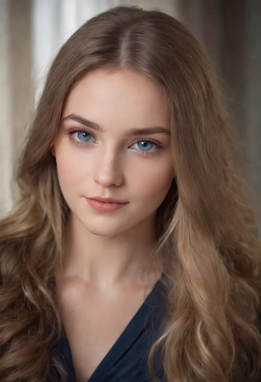 19 year old girl, dunkelblonde Haare, riesige blaue Augen, Evoli-kuscheltier, niedlich, happy