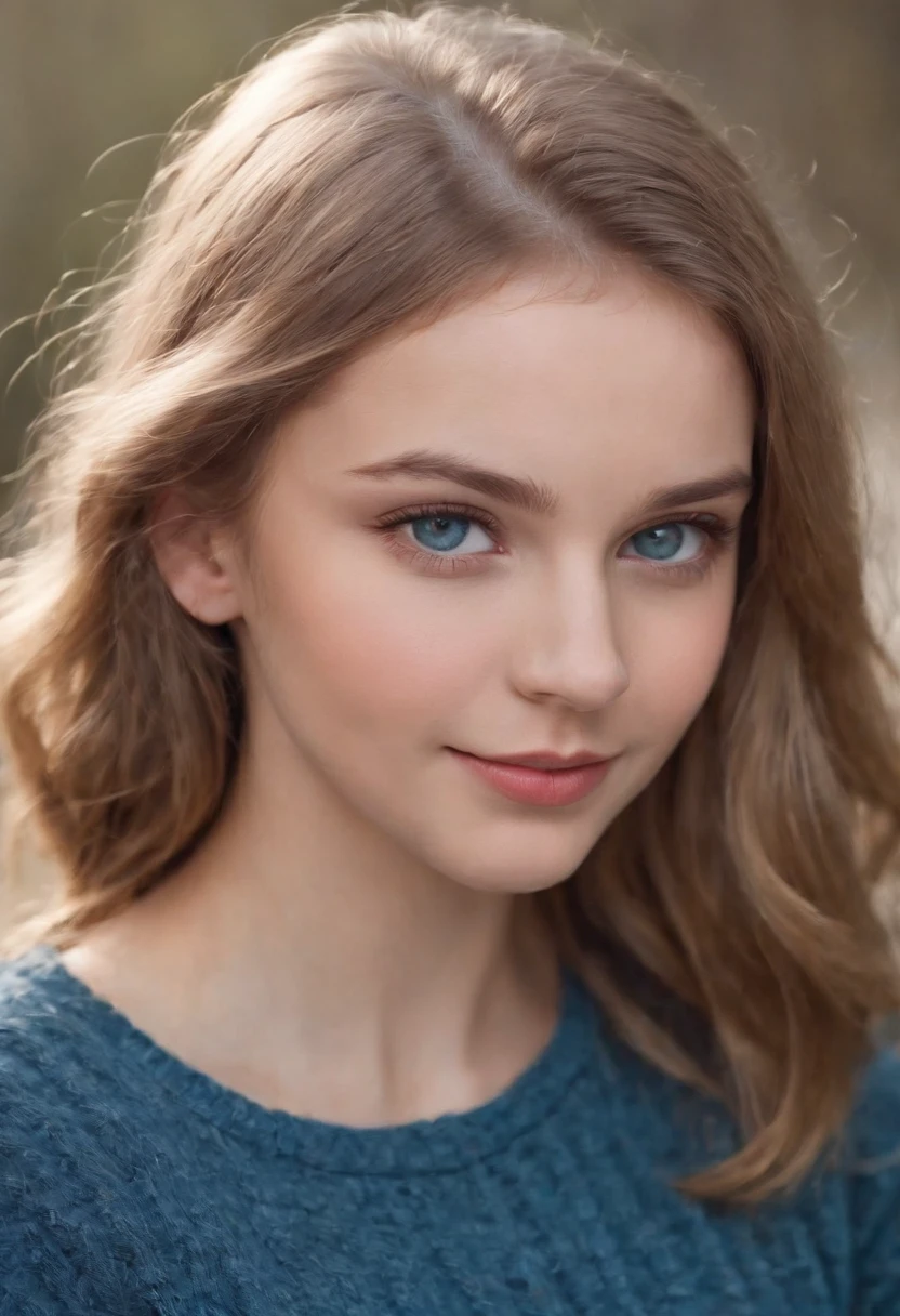 19 year old girl, dunkelblonde Haare, riesige blaue Augen, Evoli-kuscheltier, niedlich, happy