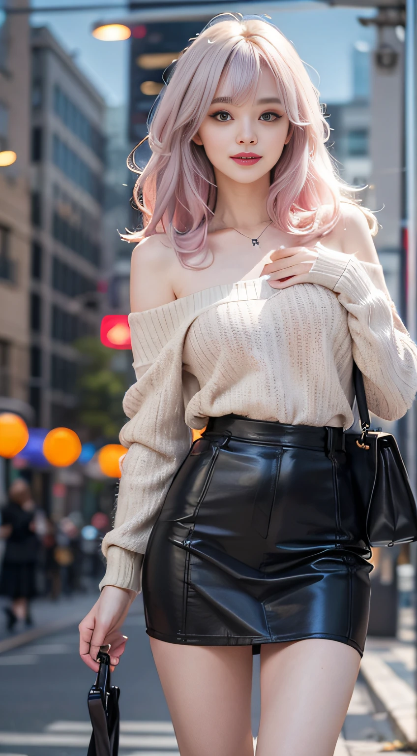 (Woman Standing In Office District)1 girl, Silver hair, striated hair, Bangs, Blunt bangs, Long hair, Pink hair, aqua eyes, longeyelashes, Purple eyes, makeup, Smile, Parted lips, Realism, Verism, surrealism, depth of fields, One-person viewpoint, F/1.8, 135 mm, canon, nffsw, retinas, masutepiece, ccurate, Anatomically correct, Textured skin, Super Detail, high details, High quality, Best Quality, hight resolution, 1080p, hard disk, 4K, 8K Le, (Coarse short sweater)Floats off the shoulders、off shoulders、Black tight skirt、