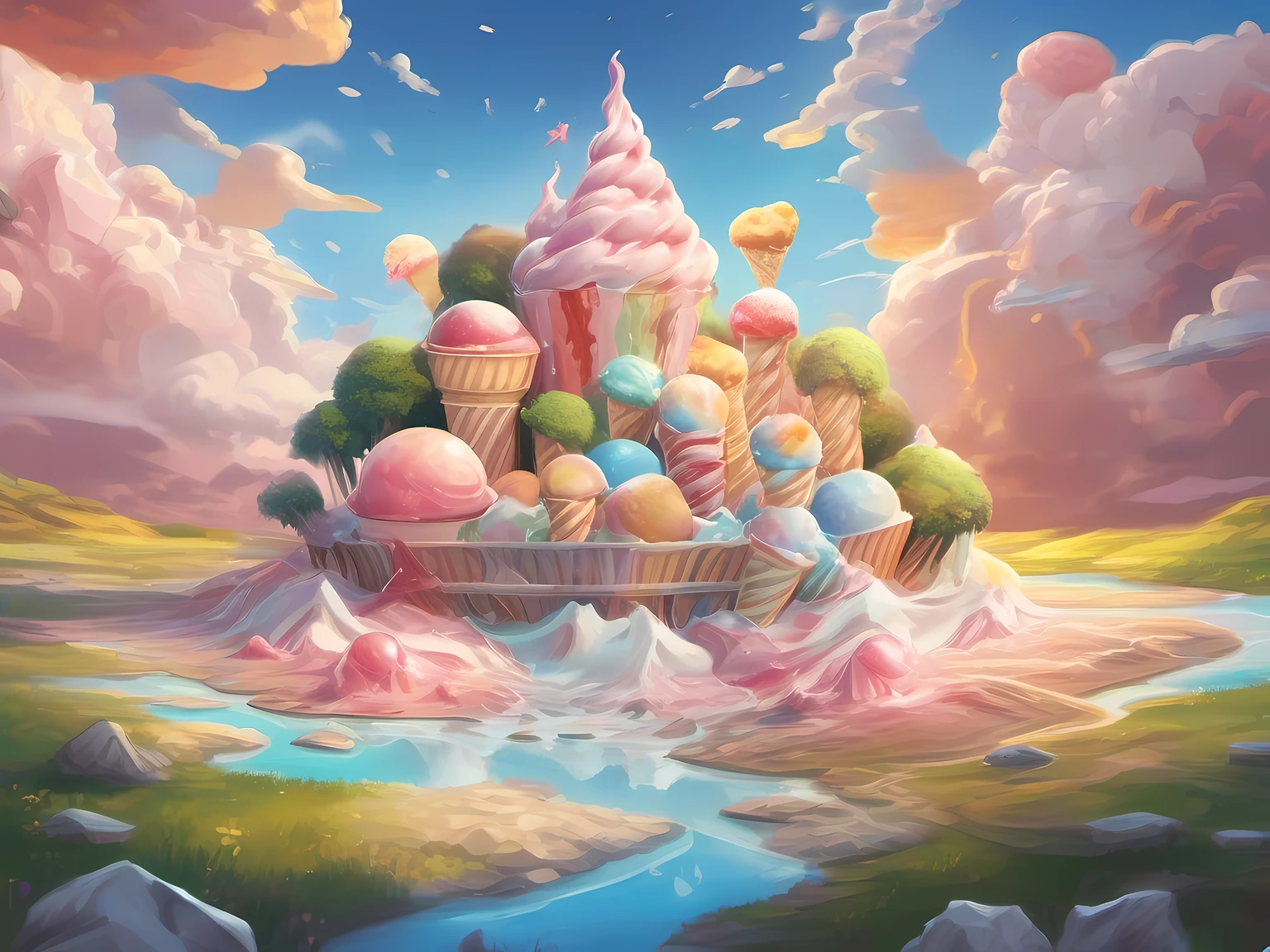 An illustration in which a world made up of ice cream is melting and collapsing in the sunlight.

The setting of the illustration is a world made of ice cream. Clouds made of ice cream float in the sky, and grasslands and forests made of ice cream spread out on the ground.
The world of ice cream is beginning to melt in the sunlight. The ice cream cloud is melting and falling, and the ground is starting to collapse.
Describe in detail the melting and disintegration of ice cream.
The beauty and fragility of the world of ice cream are expressed in contrast.
It depicts clouds made of ice cream melting and falling when exposed to sunlight.
It depicts how the ground made of ice cream begins to collapse.