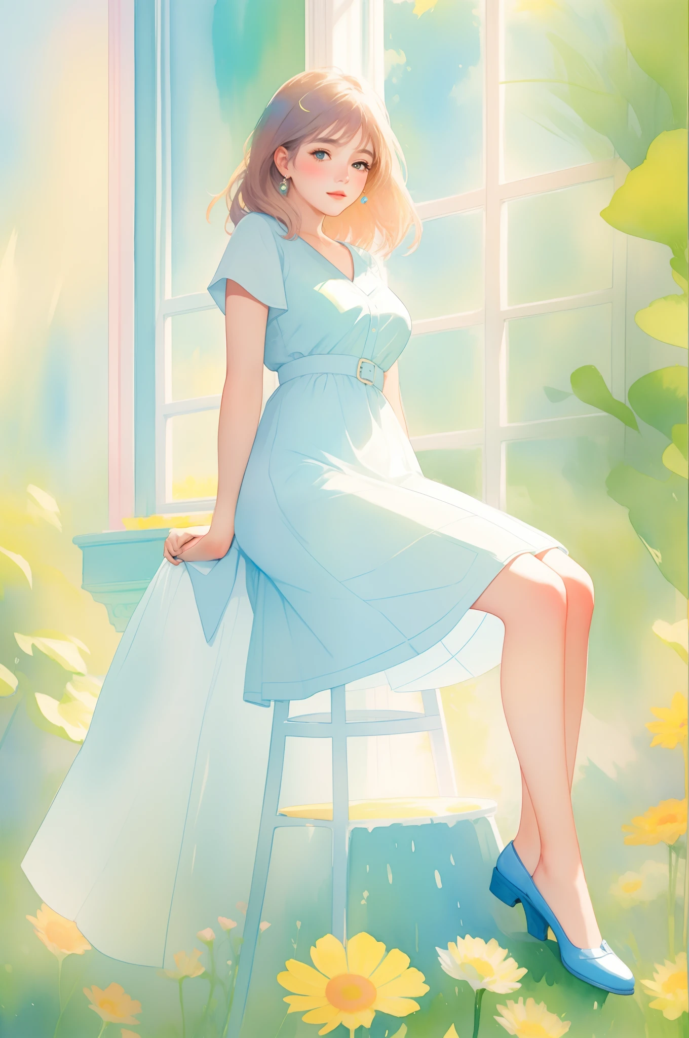 (best quality), (masterpiece), (1girl), solo, beautiful girl, perfect face, perfect body, Medium breast, sexy dress, indoor, sitting on the chair, watercolor, posing like model,  simple background, full body portrait, sunny window, pastel color, Monet style color,