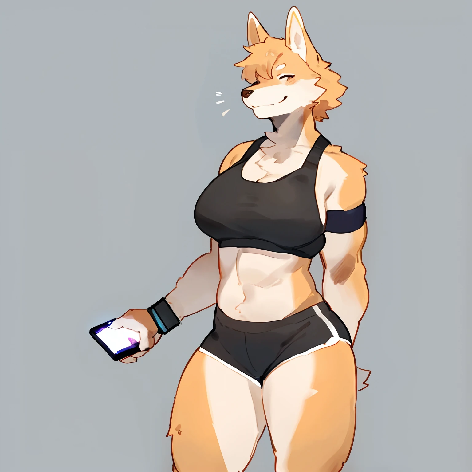 by bebebebebe, by goonie-san, by bigcozyorca, by buta99, solo, female, muscular, canine, wolf, hair, snout, standing, smug, smile, black sports bra, black exercise shorts, phone armband.