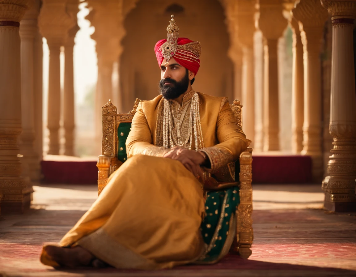 An indian mughal king,moderate stature,broad-chested,narrow-waisted,long-armed,strongly built,intensely detailed face,dark hair and beard,wearing intricately embroidered royal robe,heavy golden jewelry,ornate crown,elegant turban,bejeweled sword at his side,in a majestic palace surrounded by lush gardens,seated on an ornate throne,adjusting his royal ornaments,confident and dignified expression,bathed in warm and soft golden light,exquisite portrait style,with vibrant colors and rich textures,showcasing the opulence and grandeur of the Mughal dynasty.