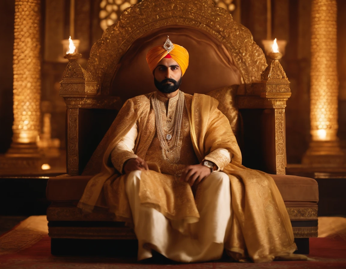 An indian mughal king,moderate stature,broad-chested,narrow-waisted,long-armed,strongly built,intensely detailed face,dark hair and beard,wearing intricately embroidered royal robe,heavy golden jewelry,ornate crown,elegant turban,bejeweled sword at his side,in a majestic palace surrounded by lush gardens,seated on an ornate throne,adjusting his royal ornaments,confident and dignified expression,bathed in warm and soft golden light,exquisite portrait style,with vibrant colors and rich textures,showcasing the opulence and grandeur of the Mughal dynasty.