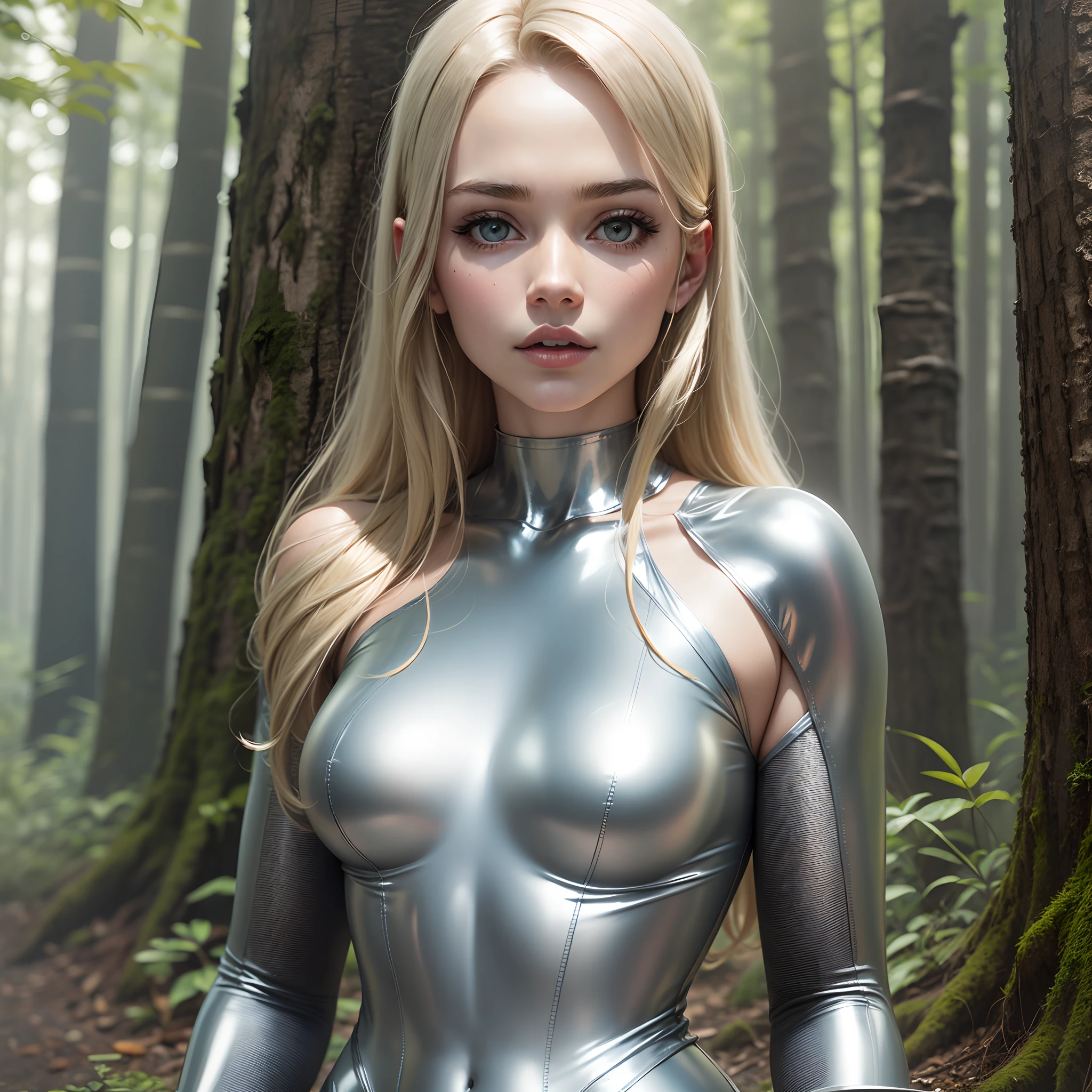 Blonde woman in silver body suit, the background is gallery forest, realistic, 8k --auto --s2