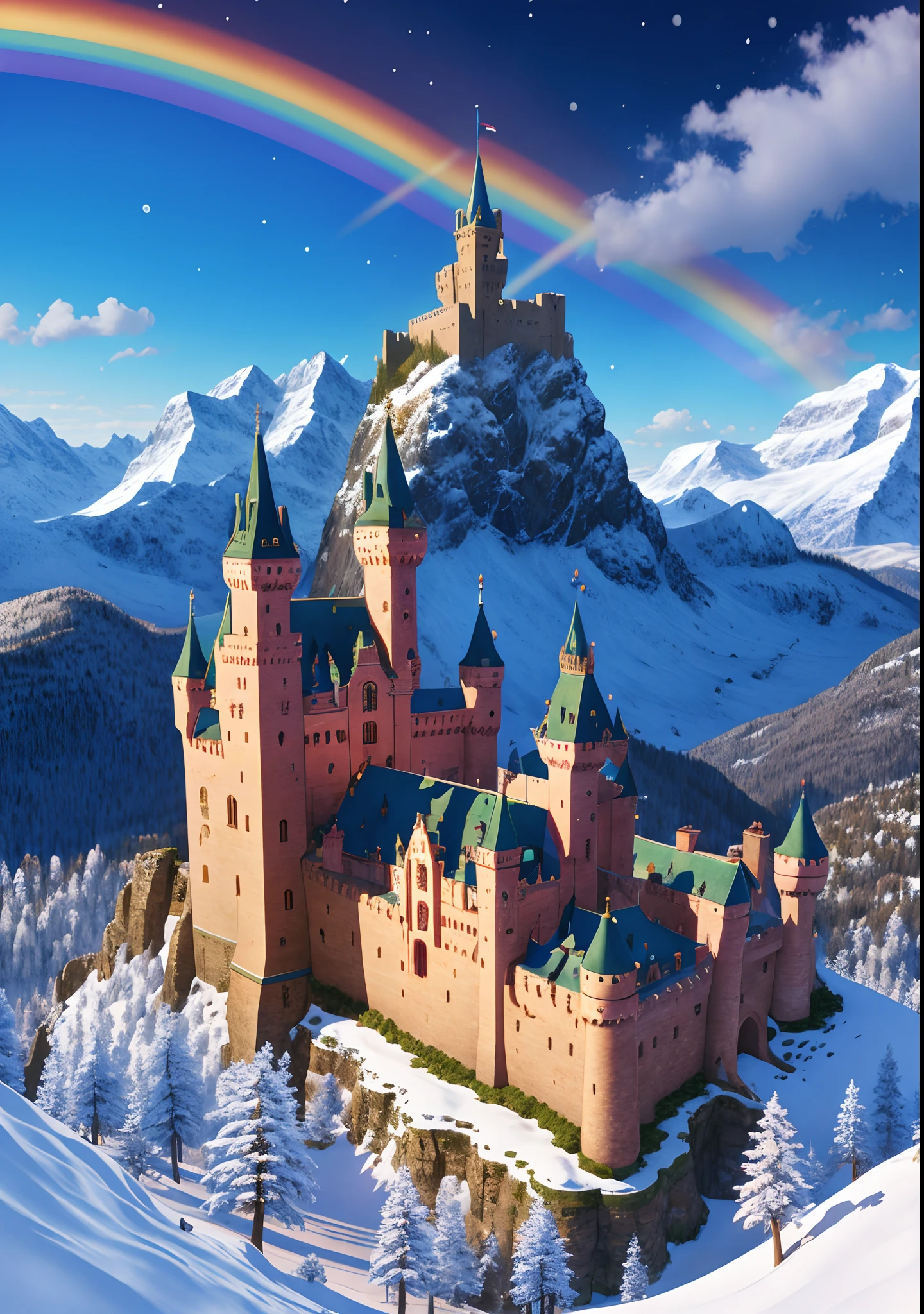 castle scene , Realistic Schoolgirl, visual novel cg, ( castle in background ),rainbow,fractal art,snow