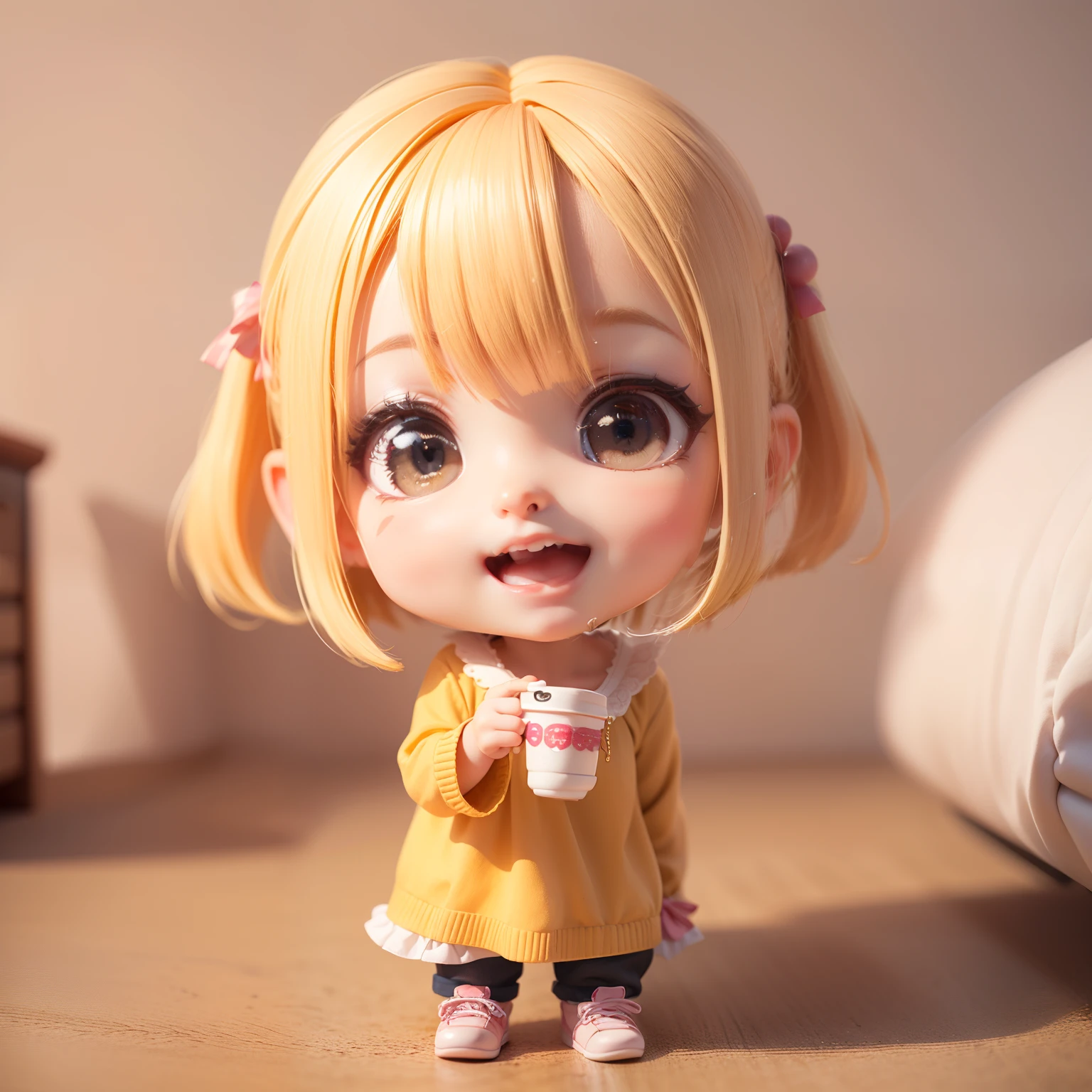 Cute Baby Chibi Anime、(((Chibi 3D)))(Best Quality),(masutepiece)、Chibi Living、fashion modell、Blonde Bob Hairstyle、Open your mouth and smile、a small face、A detailed face