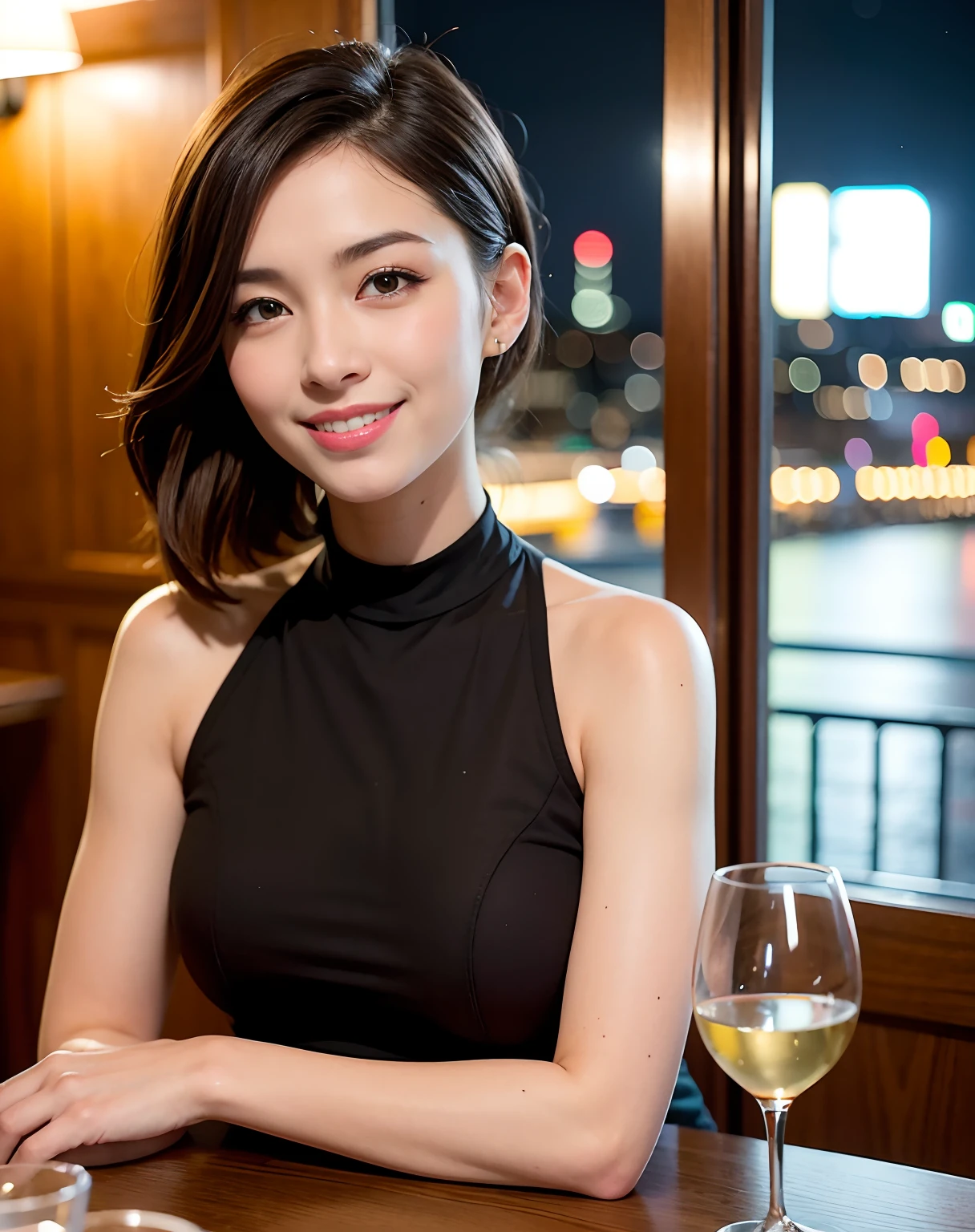 (64K, UHD, top quality, masterpiece: 1.2), (realistic, photorealistic: 1.37), super detailed, pretty woman 1 person, (slim face), (slim body), (brown hair), (short cut), cheeks slightly blushing, (44 years old), 38 years old, solo, beautiful detailed urban night view outside the window, restaurant, wine glasses sit, at night, in a prominent placeNovaFrogStyle, Actress, Model, Waist Up, White Wine, Slim, Wine Glass, Super Clean Night View, Wine Glass Put in the Middle, Happy Smile, (Smile: 1.15), Beautiful Fine Eyes, Upper Body, Bust Japan Up, Night, Short, Short, Actress, Model, Waist Up, White Wine, Slim, Wine Glass, Super Clean Night View, Wine Glass Put in the Middle, Happy Smile,