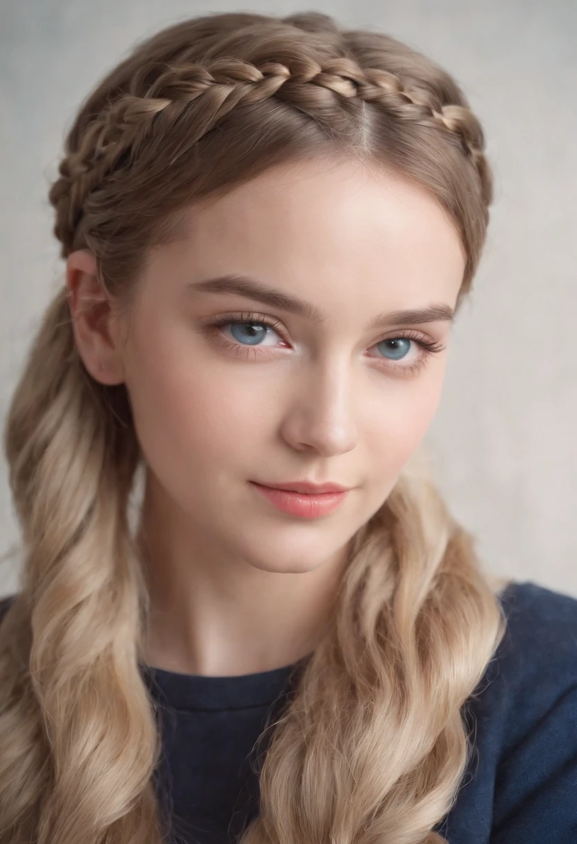 女の子1人, 21 Jahre alt, dunkelblonde Haare, Braids, riesige blaue Augen, kuscheltier im Arm, niedlich, happy, pinkes Schafzimmer als Hintergrund