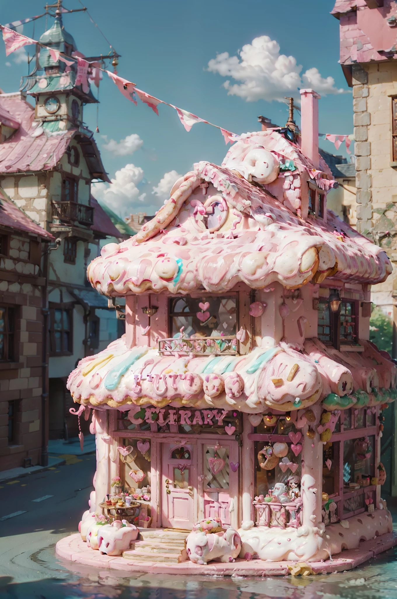 there is a pink and white building with lots of donuts on top, cute 3 d render, kawaii hq render, cute bakery shop, fantasy bakery, stylized 3d render, 3 d render stylized, stylized as a 3d render, cute detailed digital art, in a candy land style house, super detailed render, cute! c4d