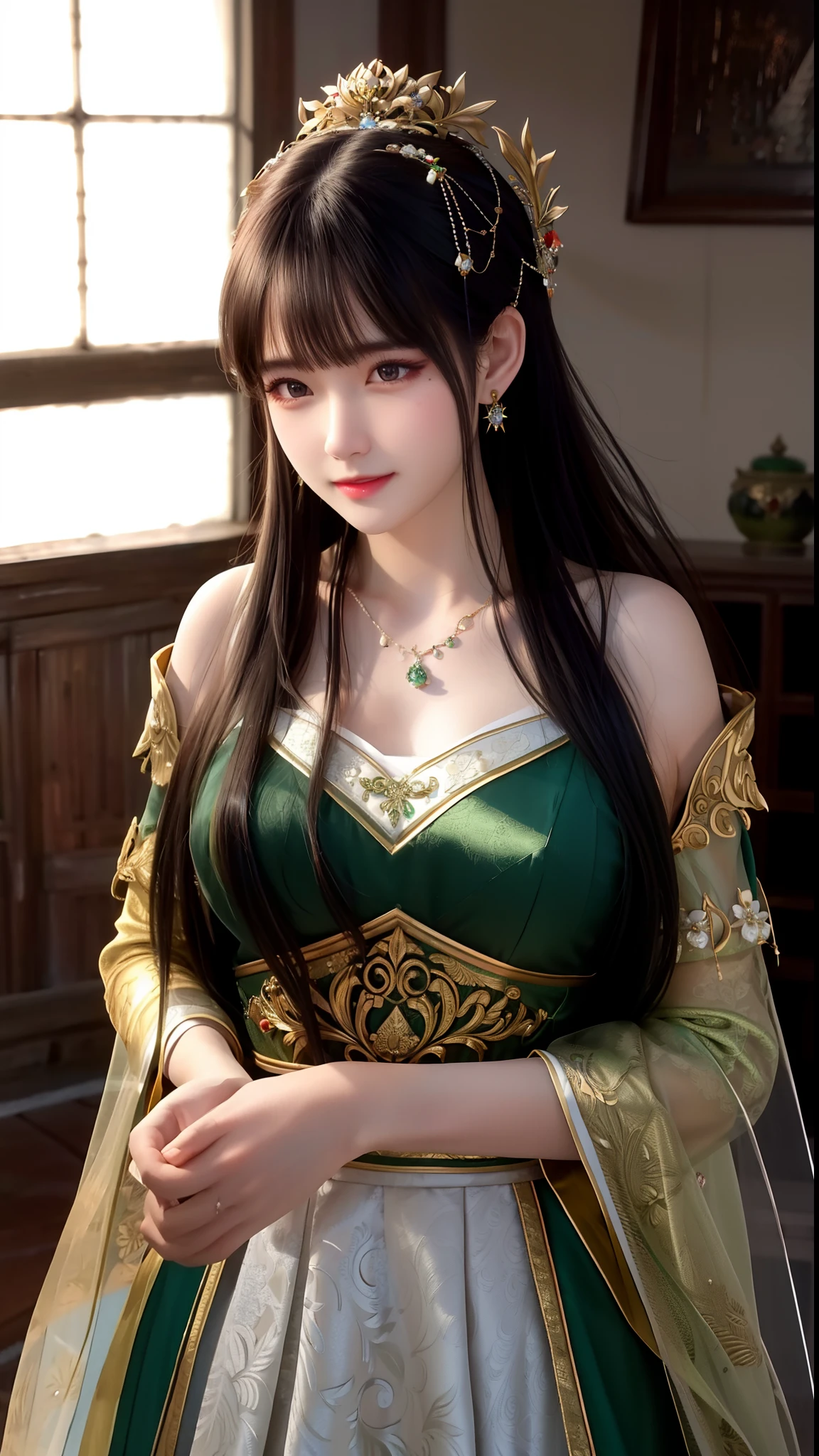 8K ultra hd, Masterpiece, beautiful cute girl, cute face, detailed eyes, medium breathe, dark green cloth, shinning clothes, aura
effect, sitting, upper body capture, dim lightning, magical background,