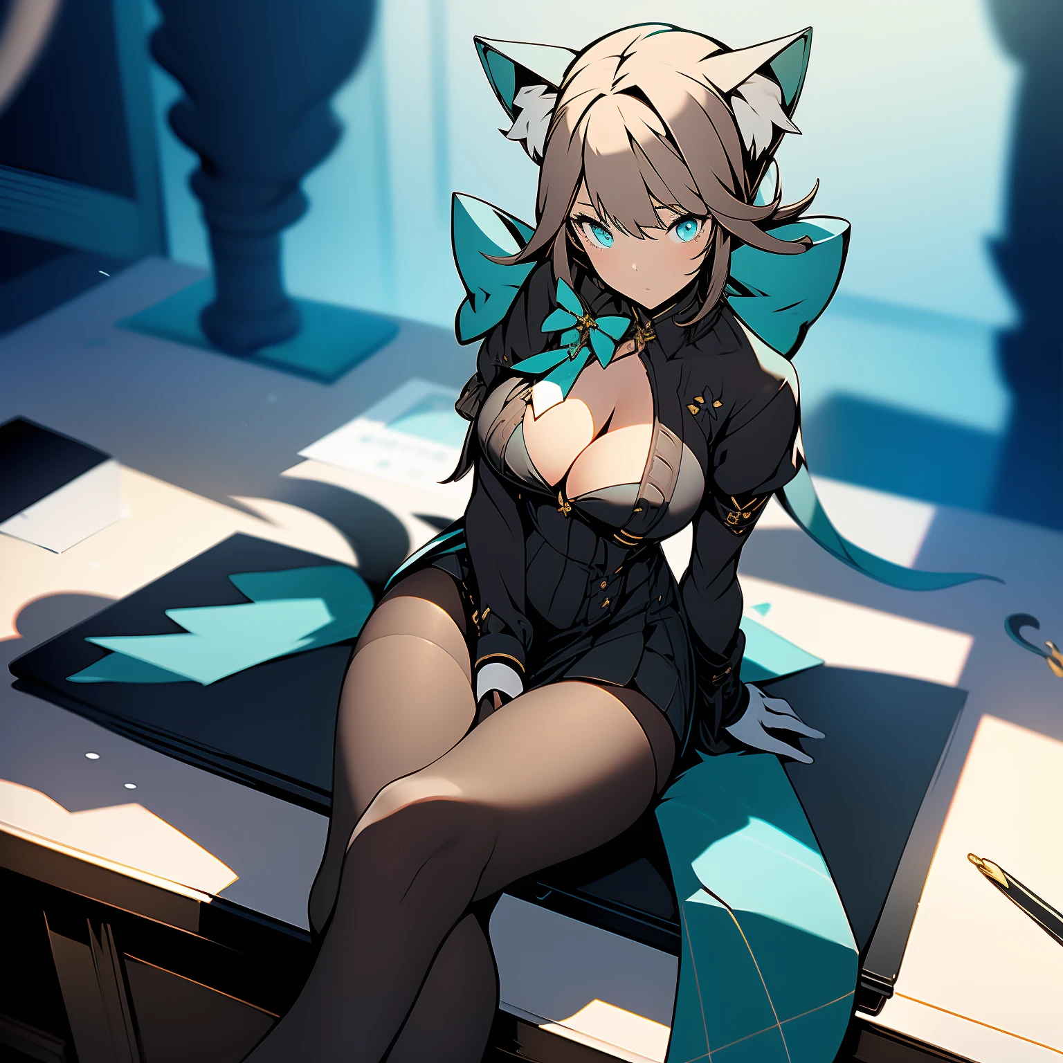 (masterpiece),best quality, expressive eyes, perfect face, 1girl, ((catgirl))
big breast, H-cup, good breast, beautiful, gorgeous ,large breast, sitting on a desk, medium shot, indoors, magician office, cleavage, white sleeves, Turquoise bow, black school skirt, bow, feminine, blushing
lynette "Genshin_Impact"