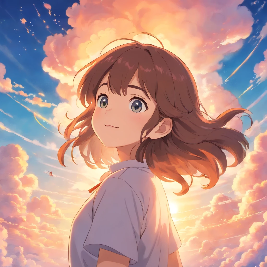 masterpiece, best quality, movie still, 1girl, cloud girl, floating in the sky, close-up, bright, happy, warm soft lighting, sunset, (sparks:0.7)