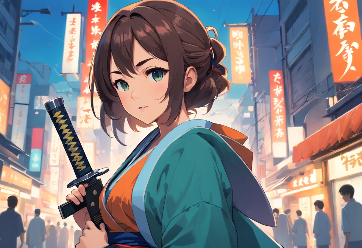 ((submachine gun))、((Japanese Katana Sword))、((Women in Japan))、18year old、Yakuza、poneyTail、Glaring face、wearing kimonos、Full body portrait