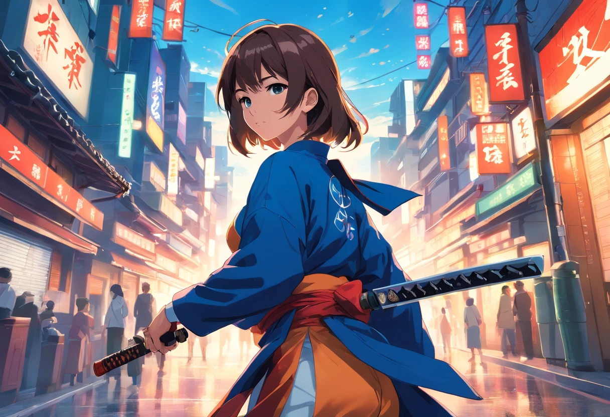 ((submachine gun))、((Japanese Katana Sword))、((Women in Japan))、18year old、Yakuza、poneyTail、Glaring face、wearing kimonos、Full body portrait