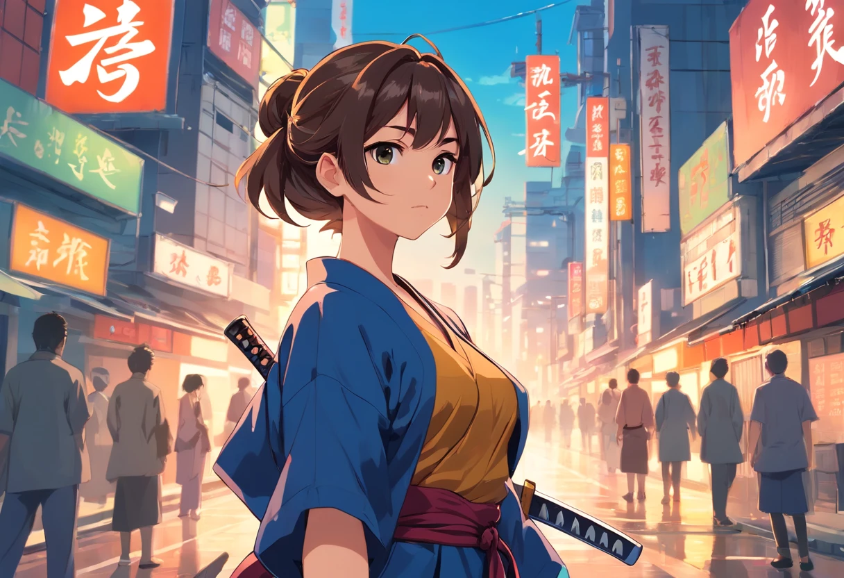 ((submachine gun))、((Japanese Katana Sword))、((Women in Japan))、18year old、Yakuza、poneyTail、Glaring face、wearing kimonos、Full body portrait