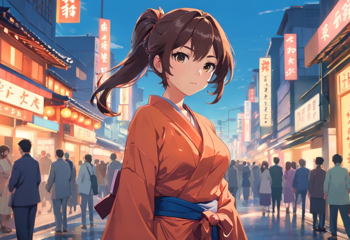((submachine gun))、((Japanese Katana Sword))、((Women in Japan))、18year old、Yakuza、poneyTail、Glaring face、wearing kimonos、Full body portrait
