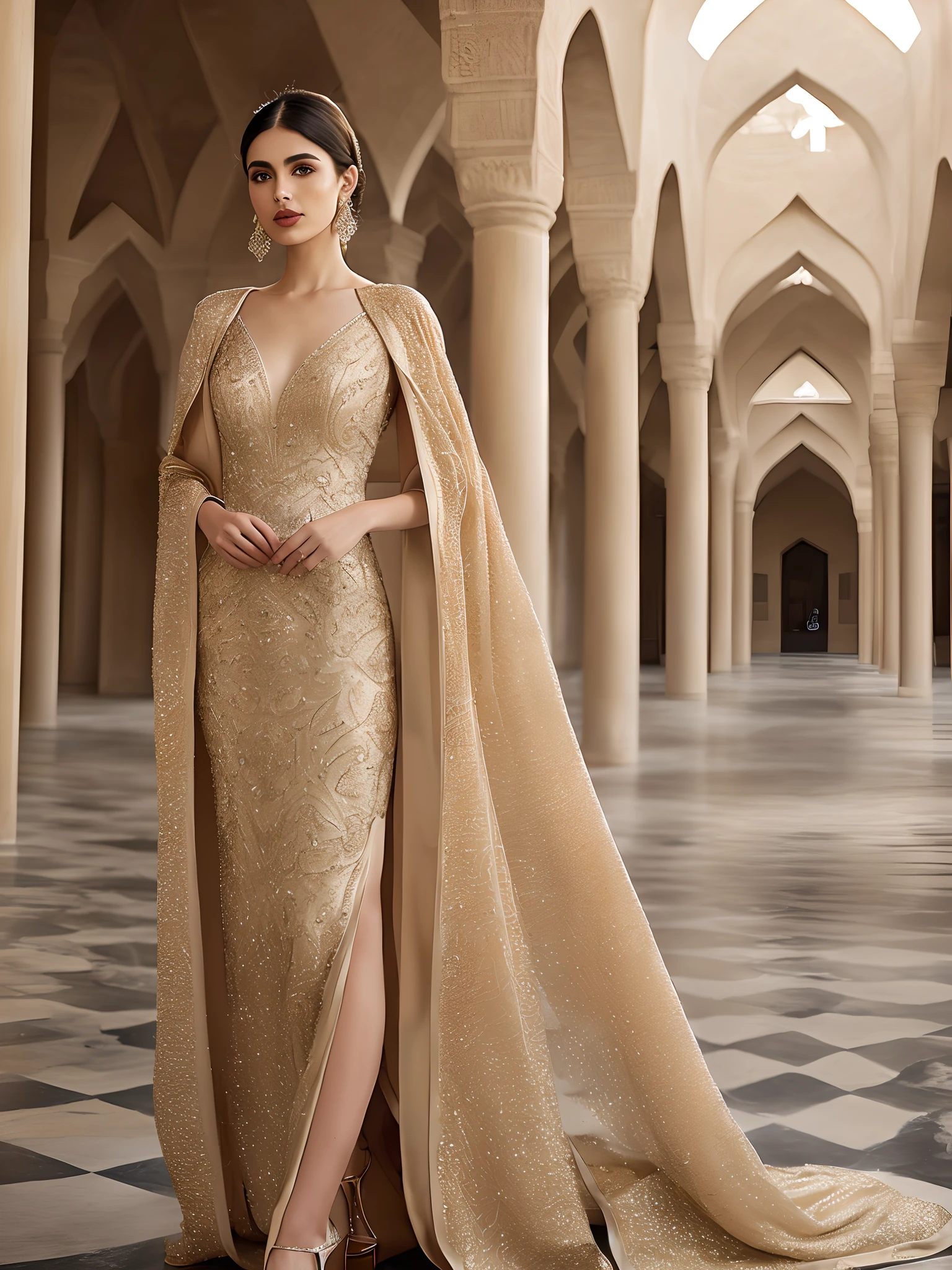 Describe the image style and viewpoint for a high-fashion photoshoot featuring a stunning evening gown with intricate stone embellishments on the bodice and a sumptuous, floor-length skirt made from a blend of satin and silk. The design takes inspiration from the organic texture of date palm trees and the traditional patterns of Baluchistan’s capes in Iran. Set the scene in an opulent architectural location with an atmosphere of elegance and mystery, capturing the play of soft, golden lighting on the dress.