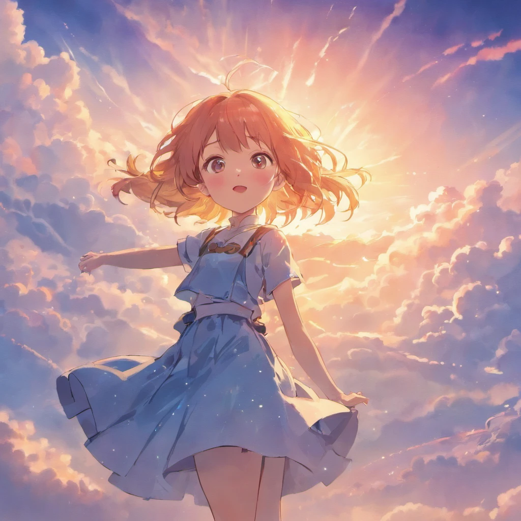 masterpiece, best quality, movie still, 1girl, cloud girl, floating in the sky, close-up, bright, happy, warm soft lighting, sunset, (sparks:0.7)