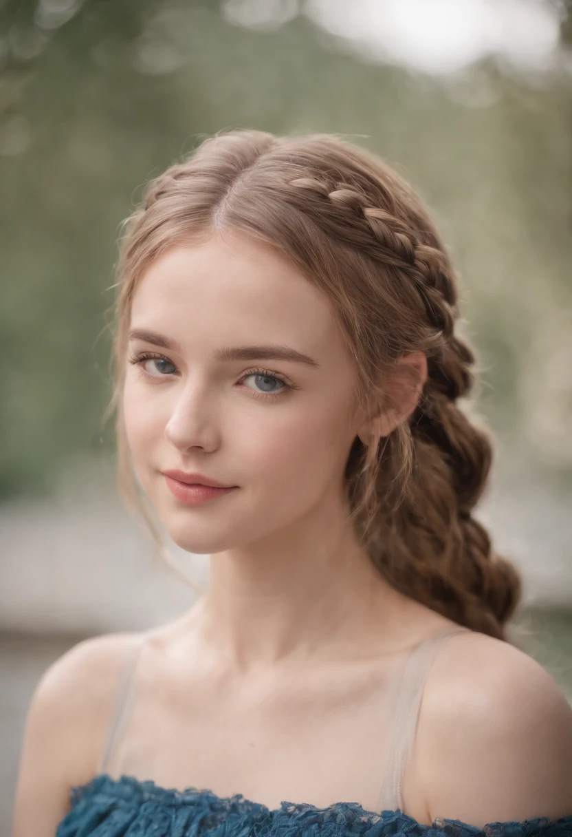 女の子1人, 21 Jahre alt, zierlich, upper body, dunkelblonde Haare, 2 Braids, riesige blaue Augen, kuscheltier im Arm, niedlich, happy, pinkes Schafzimmer als Hintergrund