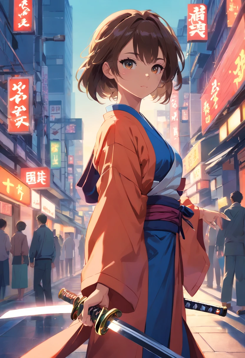 ((submachine gun))、((Japanese Katana Sword))、((Women in Japan))、18year old、Yakuza、poneyTail、Glaring face、wearing kimonos、Full body portrait
