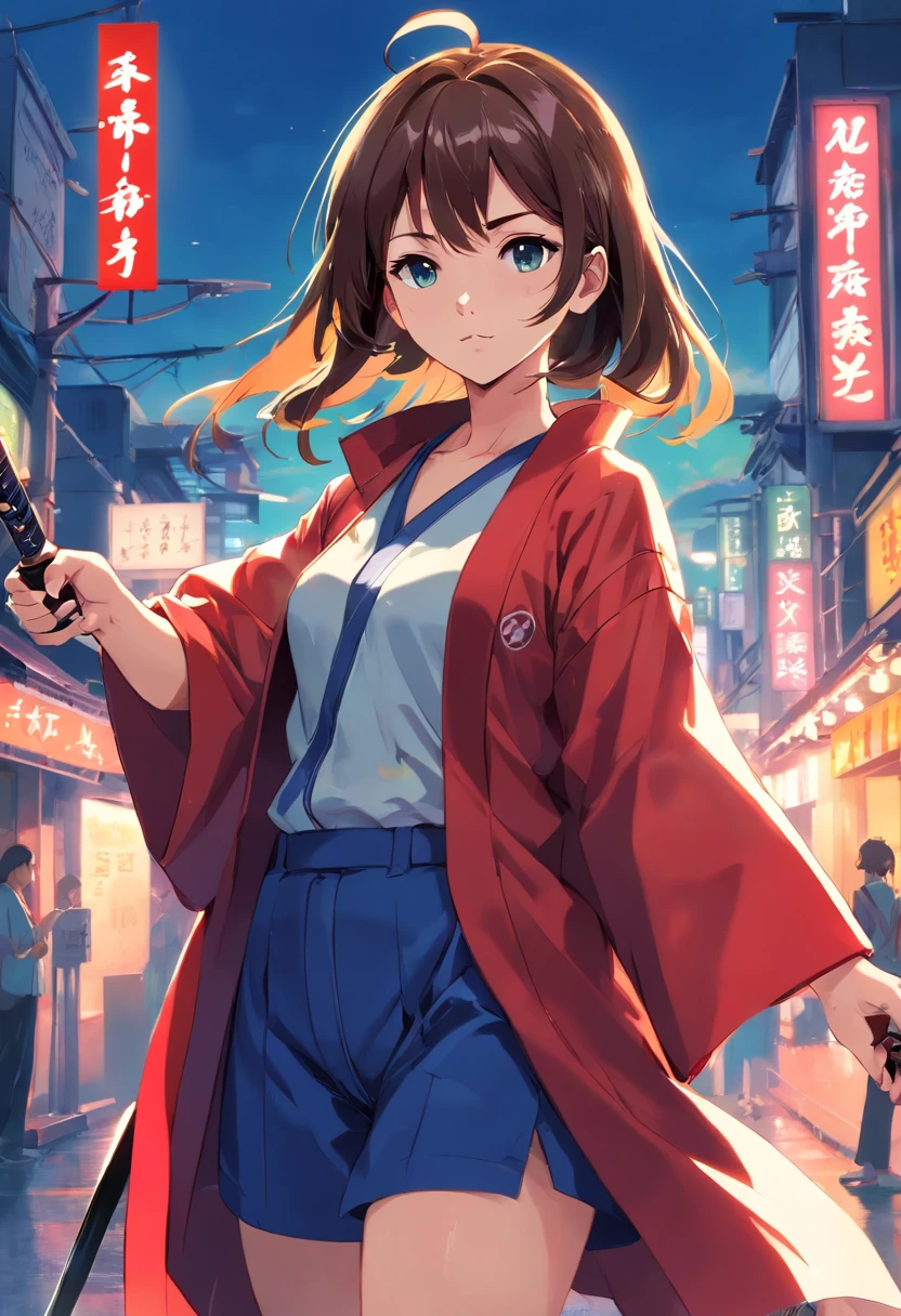 ((submachine gun))、((Japanese Katana Sword))、((Women in Japan))、18year old、Yakuza、poneyTail、Glaring face、wearing kimonos、Full body portrait