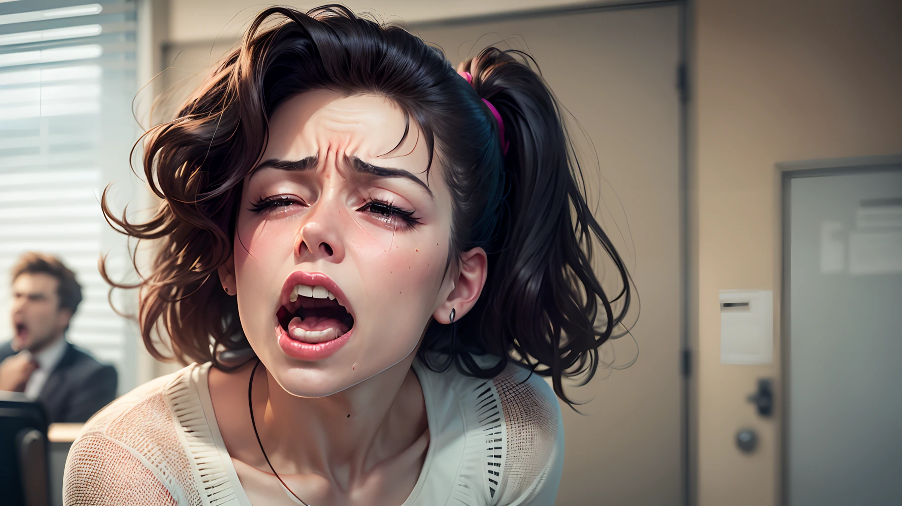 create an image of a woman screaming "NO" at a man. The man is sad and with his mouth closed. Ultra realistic. Colorful. In an office. No face and body deformations. --auto --s2