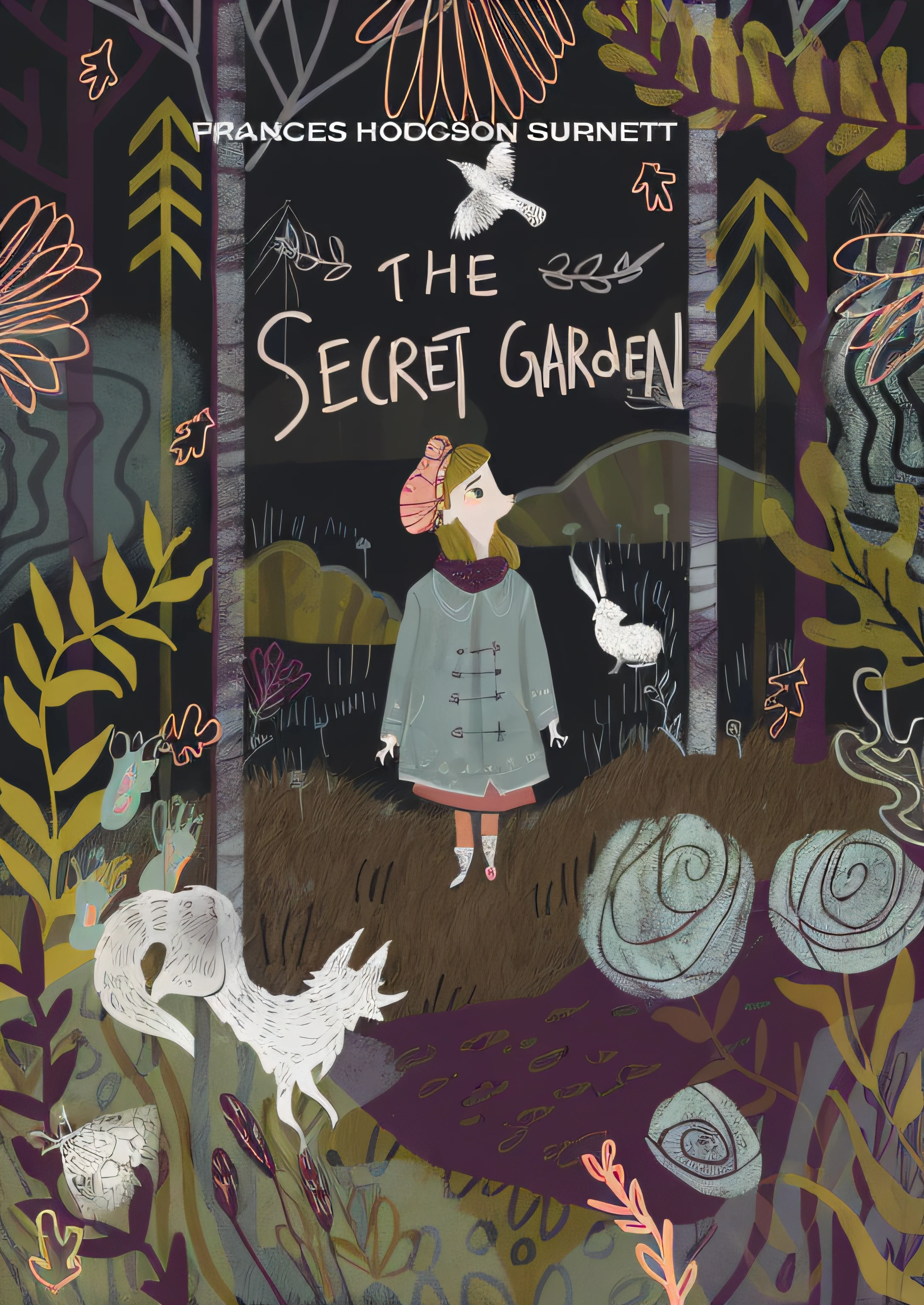 there is a book cover with a girl and a dog in the woods, secret garden, art concept for a book cover, children's book cover, eftir Júlíana Sveinsdóttur, book cover illustration, children book illustration, discovered in a secret garden, children’s book illustration, children's book illustration, cover illustration